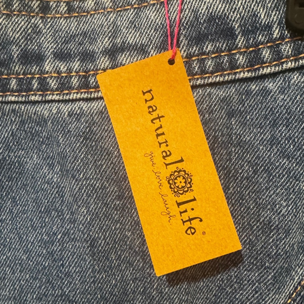 Natural Life Womens Denim Midi Skirt Blue NWT Paneled Frayed Hem size 8 - Picture 2 of 10